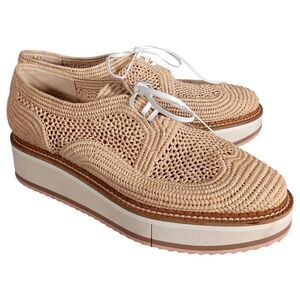 Robert Clergerie Shoes 10.5 Womens Beige Lisa Raffia Oxford Wedge Almond Toe Low